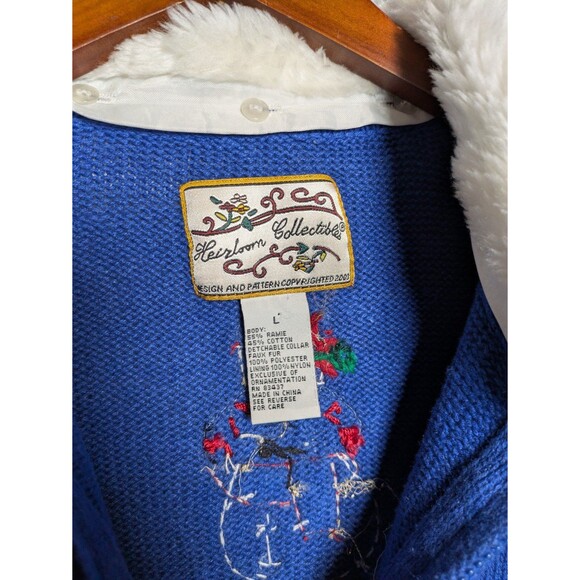 Heirloom Collections Blue Snowman Cardigan Sweater Faux Fur Collar Size Large - Picture 4 of 9